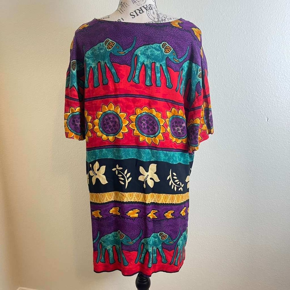 Vintage Jessica Howard Elephant Sunflower Print Rayon Tunic Dress Womens 12 USA - Picture 3 of 11